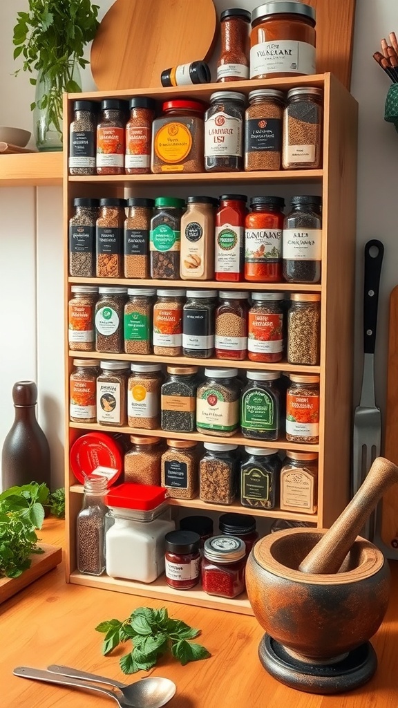 A spice rack with colorful jars of herbs and spices on a wooden kitchen counter.